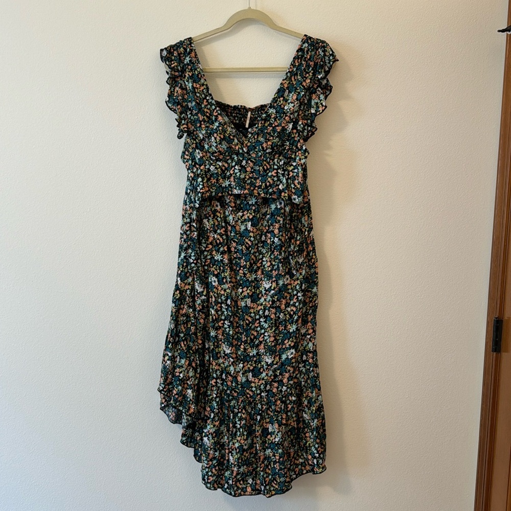 Free People Teal Floral Ruffle Midi Skirt Set with Peach & Cream Accents